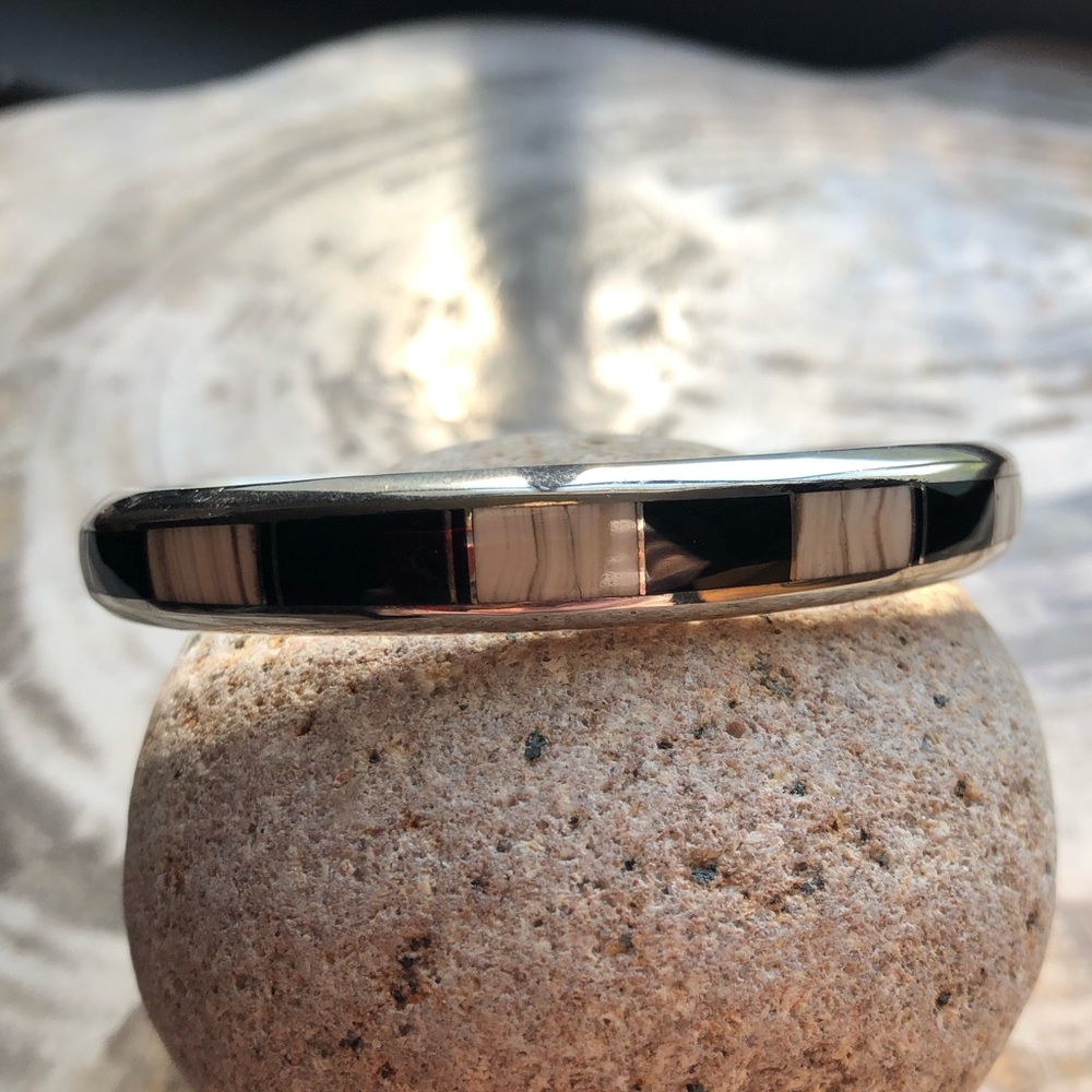 Onyx and agate sterling Navajo stacker cuff